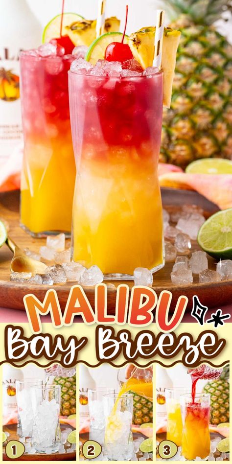 Malibu Bay Breeze is a fruity, layered cocktail bursting with the best tropical flavors! Just one sip of this refreshing drink of coconut rum, pineapple juice, and cranberry juice will have you wishing you were on island time! Malibu Rum Drinks Recipes Pineapple, Mixed Drinks With Malibu Rum, Simple Drinks With Malibu Rum, Drinks With Malibu Rum, Coconut Rum Drinks Recipes, Tiki Bar Drinks, Parrot Bay Drinks Recipes, Malibu Rum Drinks Recipes, Pool Necessities