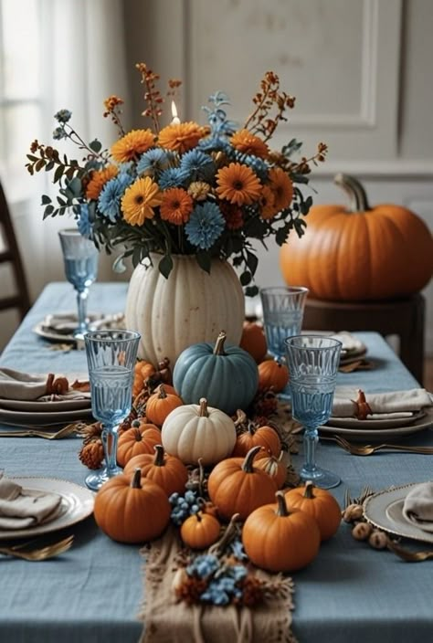 Turquoise Thanksgiving Table, Blue Orange Fall Decor, Blue Fall Decor Ideas, Fall Buffet Decor, Blue And Orange Fall Decor, Blue Thanksgiving Table, Christmas Table Decorations Ideas, Thanksgiving Dinner Table Setting, Orange Fall Decor