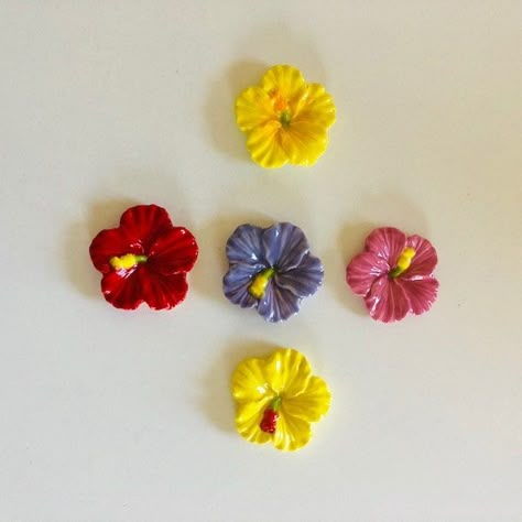 Hibiscus Flower Clay Tray, Clay Hibiscus Flower, Hawaii Flowers Drawing, Hibiscus Clay, Homemade Magnets, Dry Clay Crafts, Clay Date, Tactile Art, Hawaii Flowers