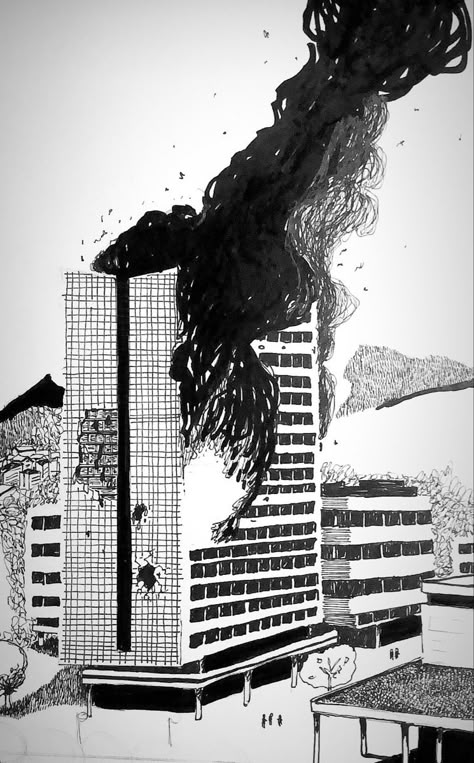 #blacksmoke #building #buildingonfire #fire #comic #comicbook #graphicnovel #doodle #sketching #art #inkt #christofverelst #panel #fire #war City Burning Drawing, Building Explosion Drawing, Burning City Drawing, City On Fire Drawing, Building On Fire Drawing, Burning Building Tattoo, Burning Building Drawing, Destroyed Building Drawing, Environment Destruction