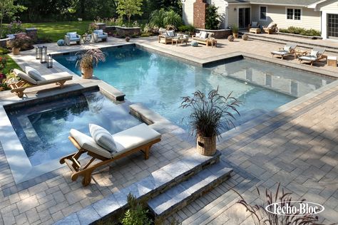 Techo-Bloc Patio, Pool, Stoop & Stair Two Tier Pool Deck, Ideas De Piscina, Pool Cost, Living Pool, Luxurious Pool, House Pool, Pools Backyard Inground, Patio Pool, Gunite Pool