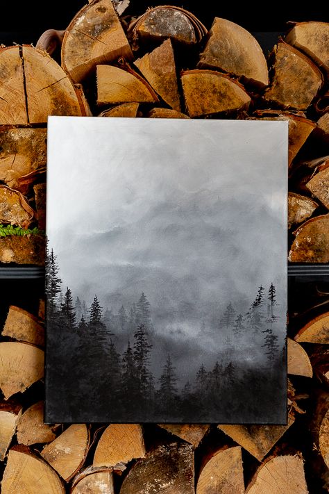 Fog Forest Painting Acrylic, Moody Mountain Painting, Grey Forest Painting, Foggy Trees Painting Tutorial, Canvas Painting Ideas Forest, Dark Woods Painting, Diy Forest Painting, Misty Trees Painting, Foggy Forest Painting Tutorial