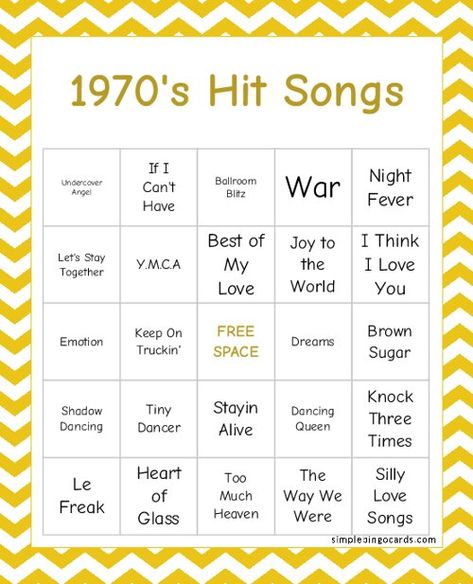 Printable 1970s Hit Songs Bingo Singo Bingo Game, Bingo Caller, Custom Bingo Cards, Bingo Card Generator, Music Bingo, Activities Board, Lions Club, Bingo Card, Kids' Movies