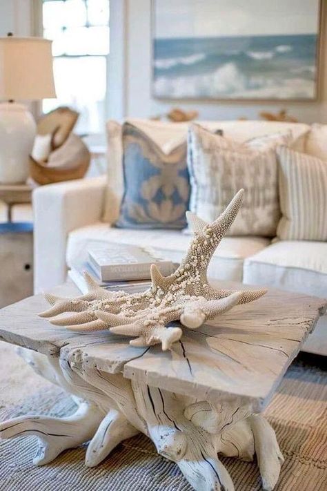 Driftwood Coffee Table Living Room, Diy Coastal Furniture, Beachy Boho Living Room, Coastal Furniture Ideas, Coastal Chic Decor, Coastal Coffee Table, Lounge Room Ideas, Coastal Interiors Design, Beach Lounge