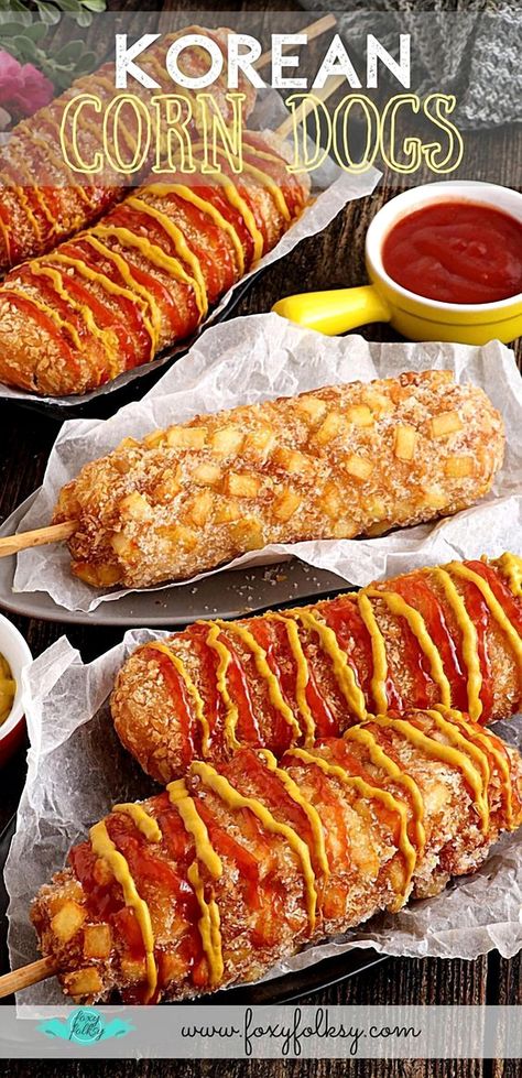 Indulge in the ultimate comfort food with these mouthwatering Korean street corn dogs, perfectly crispy on the outside and oozing with cheesy goodness on the inside. Perfect for a fun snack or a unique party treat, these corn dogs are sure to be a hit with everyone. Get ready to experience a delightful fusion of flavors that will transport your taste buds straight to the bustling streets of Korea. Korean Corn Dog Recipe, Corn Dog Recipe, Korean Corn Dog, Korean Corn, Foxy Folksy, Corndog Recipe, Korean Street Food Recipes, Corn Dog, Hot Dog Recipes