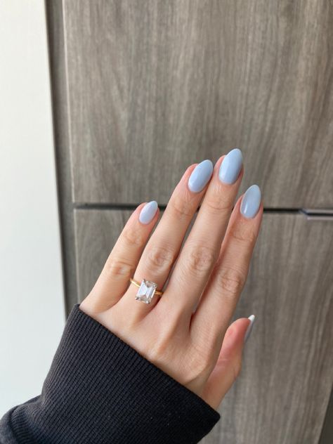 Almond Nails Periwinkle, Short Almond Baby Blue Nails, Almond Acrylic Nails One Colour, Almost Shaped Nails, Light Blue Nails Wedding, Light Blue Pastel Nails, Blue Nails Round Shape, Powdered Blue Nails, Light Blue Nail Ideas Almond