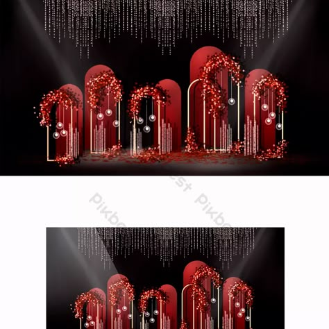 Red Theme Sangeet Decor, Red Theme Reception Stage Decor, Red Reception Decorations, Wedding Backdrop Illustration, Backdrops For Wedding Reception, Red Decor Wedding, Red Wedding Backdrop, Red Romantic Wedding, Wall Design Outdoor