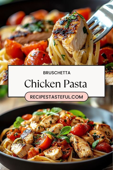 This delightful Bruschetta Chicken Pasta combines the fresh flavors of cherry tomatoes, basil, and garlic with tender chicken and al dente spaghetti. Drizzled with balsamic glaze and topped with Parmesan cheese, it’s a quick and flavorful dish perfect for weeknight dinners or special occasions. Cherry Tomato Chicken Pasta Recipes, Balsamic Chicken And Pasta, Creamy Bruschetta Chicken Pasta, Balsamic Tomato Chicken, Chicken Margherita With Balsamic, Cherry Tomato Dinner Recipes, Chicken Cherry Tomato Pasta, Meals With Cherry Tomatoes, Pasta Recipes With Cherry Tomatoes