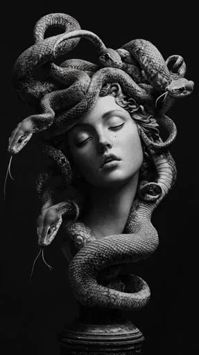 ↑↑↑ Larger size on website 🔸 A black and white image of a statue of Medusa, the Greek Gorgon.  She is depicted with snakes for ha Statue Of Medusa, Medusa Gorgon, Online Resume, Resume Builder, Ancient Mythology, White Image, Snakes, For Hair, Statue