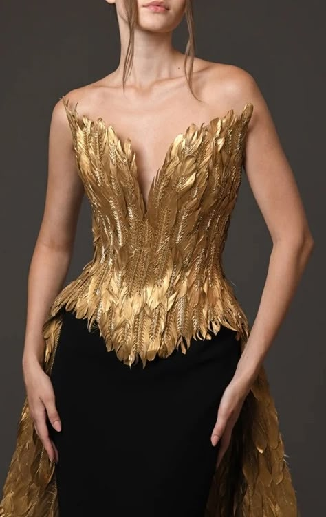 Gold Couture Dress, Beaded Gold Dress, Gold Concert Outfit, Dress With Wings, Luxury Gold Self-design Dresses, Golden Dresses, Glamorous Gold Dress With Intricate Embroidery, Golden Corset, Feather Fantasy Dress