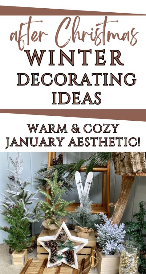 Need some inspiration to change over after Christmas to winter decor? Here are some budget-friendly winter decorating ideas, in farmhouse style! Keep reading for a load of helpful ideas for January decor, plus before-and-after pictures!  If you love any kind of farmhouse style - modern, rustic, and you don't mind a super-easy non Christmas DIYs, you'll love these ideas for creating a cozy winter aesthetic in your home! Winter Decor After Christmas Diy Crafts, Country Winter Decorating Ideas, Winter Decorations Diy After Christmas, Winter Decorations For Home After Christmas, Winter Snow Decorations, Winter Decor Front Porch Non Christmas, Country Winter Decor, Decorating With Snowmen For Winter, Winter Theme Home Decor