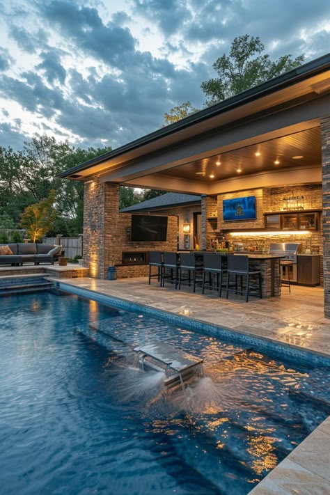 29 Outdoor Kitchen Ideas for a Stunning Backyard - My Elegant Home Poolside Kitchen And Bar, Outdoor Kitchen Pool Area, Modern Pool House, Elegant Outdoor Furniture, Dream Backyard Pool, Outdoor Covered Patio, Modern Outdoor Kitchen, Lush Landscaping, Outdoor Furniture Ideas