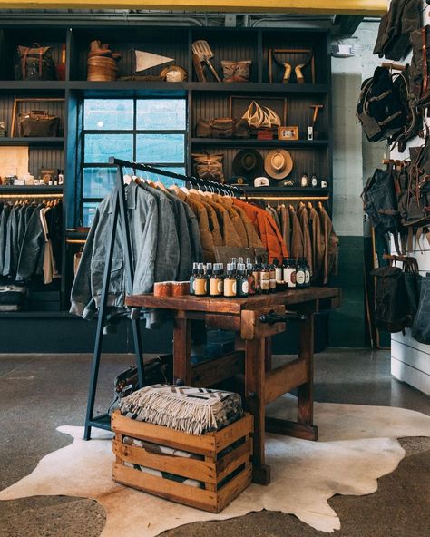 Bradley Mountain (@bradleymountain) • Instagram photos and videos Filson Store Interior, Industrial Retail Display, Western Shop Ideas, Industrial Boutique Design, Camp Store Display Ideas, Western Store Display Ideas, Industrial Shop Design, Aesthetic Stores Interior, Merchandise Display Ideas