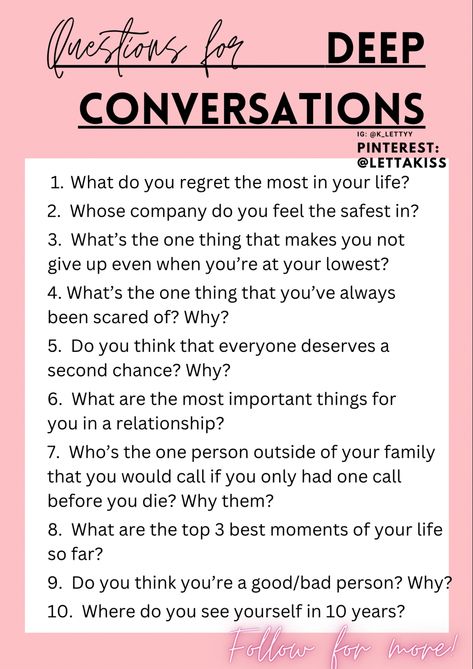 questions for deep conversations Question For Deep Conversation, Couple Deep Talk Questions, Deep And Meaningful Questions, Questions To Start Conversations, Friendly Conversation Starters, Casual Conversation Topics, Questions For Deeper Connection, Dating Questions Funny, Open Questions Conversation Starters