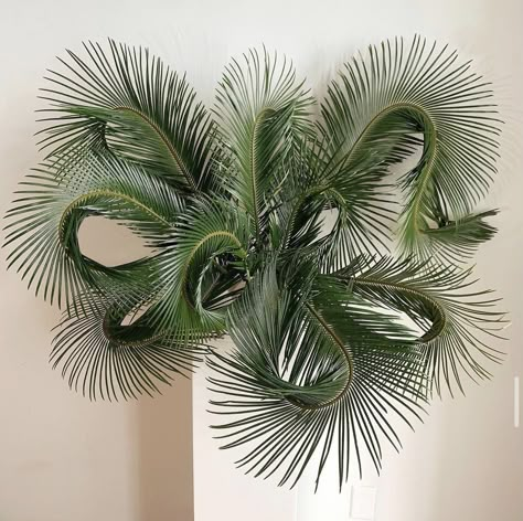 Palm Leaves Flower Arrangements, Branch Arrangements, Event Table Settings, Flower Arragement, Necktie Crafts, Wedding Archway, Plant Installation, Flower Installation, Leaf Decor