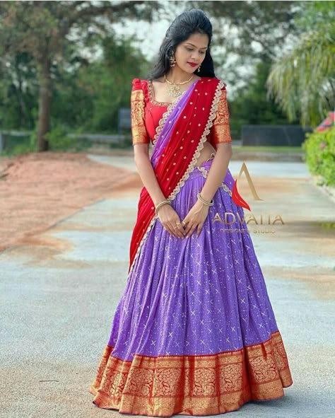 Half Saree Designs Simple, Half Saree Designs South Indian, Langa Voni Half Saree, Pink Half Sarees, Silk Half Saree, Churidar Neck, Sarees Pattu, Langa Voni, Lehenga Saree Design