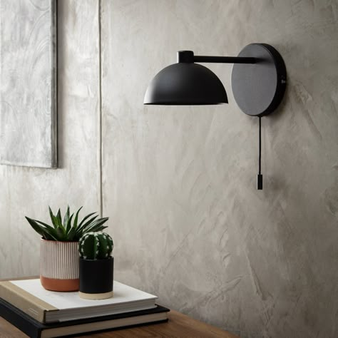 Give your wall a vintage sprinkle with our mushroom wall light. Designed in-house, this luminaire features an industrial-inspired design. With a classic dome, it casts a warm ambient light to create a mellow mood. And just like the 70s originals, it features a pull cord switch. A real statement piece off or on. What&apos;s great is you can also repurpose your light around the home from the hallway to the bedroom. A style icon looks good anywhere. Part of the Mushroom collection. Dimensions: Size Living Room With Wall Lights, Black Wall Lights Bedroom, Bedside Table Wall Lights, Quirky Wall Lights, Scandi Wall Lights Bedroom, Bed Side Wall Lights Bedroom Black, Habitat Lights, Pull Cord Wall Light, Bedside Wall Lights Black