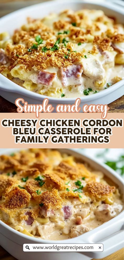 Dive into the ultimate comfort food with this Chicken Cordon Bleu Casserole that combines tender chicken, savory ham, and gooey Swiss cheese for a mouthwatering experience. Perfect for family dinners or meal prep, this casserole is easy to make and packed with flavor. Just layer the ingredients, bake until golden brown, and enjoy this rich, creamy dish. Don't forget to serve it with a fresh salad or crusty bread for the perfect meal that everyone will love! Chicken Ham And Cheese, Chicken Cordon Bleu Casserole Recipe, Baked Chicken Cordon Bleu, Easy Chicken Cordon Bleu, Ham Casserole Recipes, Easy Comfort Food Dinners, Savory Ham, Chicken Cordon Bleu Recipe, Cordon Bleu Casserole