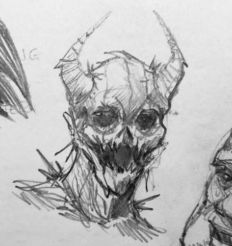 Cool Skeleton Sketch, Demon Body Reference, Demon Skull Art, Ghoul Drawing Monster, Sketches Of Monsters, How To Draw Demons, Scary Demon Drawing, Creepy Monster Sketch, Scary Skeleton Drawing