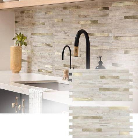 Amazon.com: KASARO 20 Sheets Peel and Stick Backsplash Tile, Stick on Kitchen, Bathroom, Fireplace and RV, PVC Adhesive Mosaic Marble Beige with Vintage Gold Embellished Stripes Wall Tile : Tools & Home Improvement Cream Tiled Kitchen, Farmhouse Peel And Stick Tile Backsplash, Earth Tone Kitchen Backsplash, Peel And Stick Kitchen Cabinets, Backsplash For Brown Granite Countertops, Textured Backsplash Kitchen, Peel And Stick Tile Backsplash Kitchen, Gold Backsplash Kitchen, Backsplash Behind Stove Only