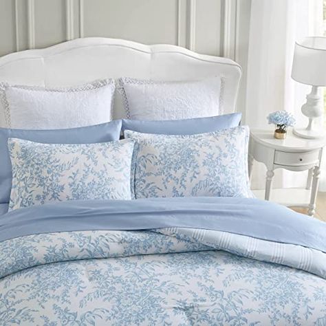 Amazon.com: Laura Ashley- Twin Comforter Set, Cotton Reversible Bedding Set with Matching Sham(s), Farmhouse Home Décor (Bedford Blue, Twin) : Home & Kitchen Blue And White Comforter, Easy Envelope, Blue Comforter Sets, Blue Comforter, Coastal Room, Comforter Bedding, Bedroom Upgrade, White Comforter, College Room