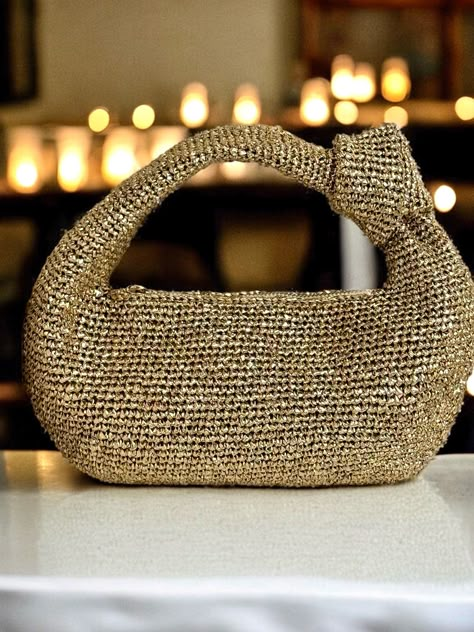 Camping Date Night, Sparkly Crochet, Knitted Handbags, Toddler Jewelry, Macrame Yarn, Glitter Bag, Handmade Handbag, Yarn Bag, Gold Bag