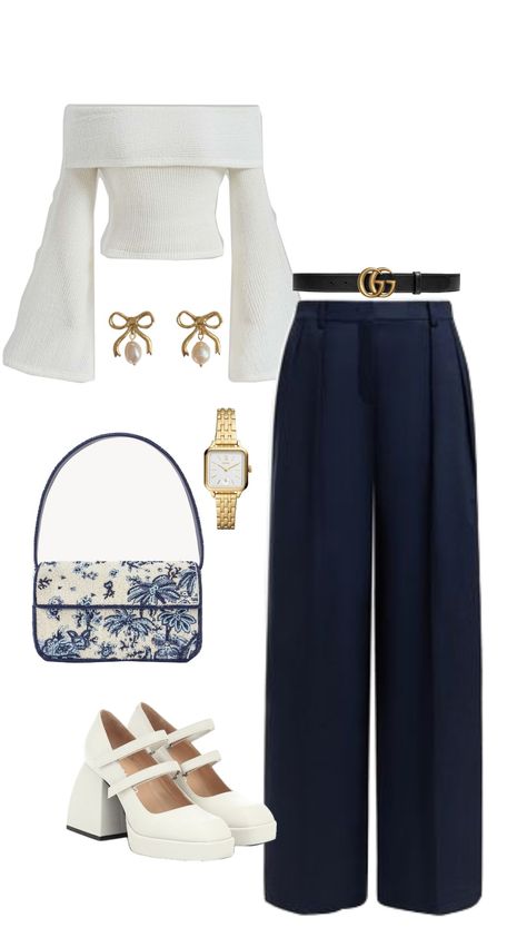 Blue And White Classy Outfit, Navy Blue And White Outfit Ideas, Feminine Blue Aesthetic, Navy Blue Classy Outfits, Ingenue Outfits Winter, Blue Outfit Classy, Blue Dinner Outfit, 18th Birthday Outfit Ideas Casual, Graduation Outfit Winter