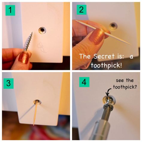 Toothpick for loose screws.  Worked on a drawer in Natalie's room that the knob has been loose forever!  It always drove me nuts. Stripped Screw, Rta Kitchen Cabinets, Handy Woman, Making Life Easier, Utila, Women Diy, Home Repairs, Hacks Diy, Diy Home Improvement