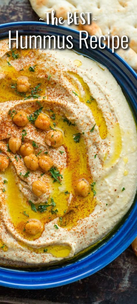 Homemade Hummus is way better than store-bought. It’s creamy and has the perfect balance of garlic, lemon juice, and tahini. Serve as a dip paired with warm Pita Bread or crunchy veggies. Authentic Hummus Recipe, Smooth Hummus Recipe, Chickpea Hummus Recipe, Authentic Hummus, Classic Hummus Recipe, Garlic Hummus Recipe, Best Hummus Recipe, Best Hummus, Chickpea Hummus