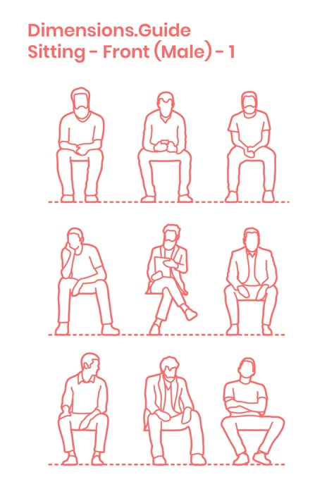 Collection of scaled drawings of men sitting as viewed from the front elevation. Illustrating various casual postures, these drawings of men can be used for adding human scale to drawings of chairs, benches, and surfaces. Drawings are set for high seats at 18” | 46 cm and low seats at 15” | 38 cm. Downloads online #people #humans #sitting #drawings Human Figure Sitting On Chair, People On A Bench Drawing, People Sitting On Bench Drawing, Human Figure Sketches Sitting, Sitting Down Front View Drawing, Man Sitting Down Drawing, Man In Chair Drawing, How To Draw People Sitting Down, Human Sitting Drawing