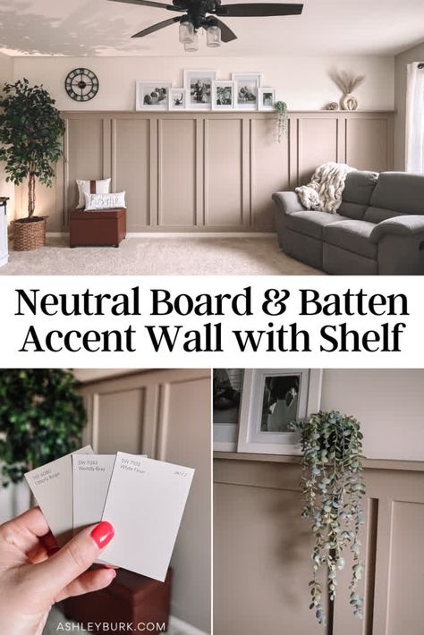 Board And Batten Sitting Room, Accent Wall With Baseboard, Batton Board With Ledge, Above Board And Batten Decor, Batten Board Walls With Shelf, One Wall Board And Batten, Board And Batten Wall With Photo Gallery, Board And Batten Wall With Photos, Board And Batten Wall With Plant Shelf