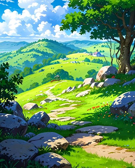 Serene view of an anime landscape, with a majestic tree standing tall surrounded by serene rocks, inviting you to immerse in nature's tranquility. 🌳 #PeacefulVibes . . Mobile Wallpaper Download Link In Bio Anime Tree, Manga Background, Landscape Anime, Serene View, Imaginary Landscapes, Anime Nature, Object Reference, Anime Landscape, Majestic Tree