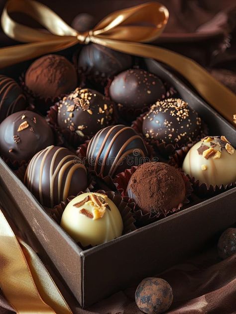 A luxurious box of assorted chocolate truffles, adorned with ribbons, placed on a table. Generative AI royalty free stock photos Christmas Truffles Photography, Truffle Aesthetic, Chocolate Bar Cakes, Aesthetic Chocolate, Most Expensive Food, Expensive Chocolate, Christmas Truffles, Chocolate Shapes, Truffle Boxes