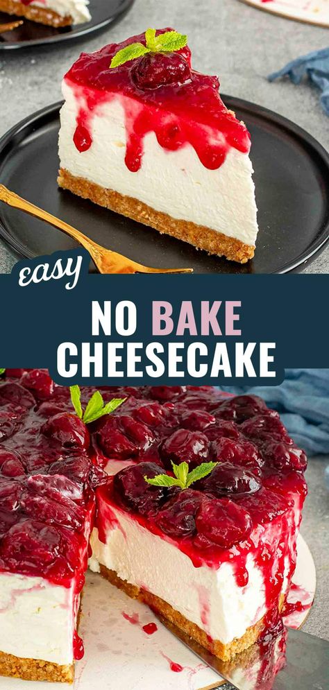 This No Bake Cheesecake is the perfect dessert for any occasion—rich, creamy, and no oven needed! 🍰 #NoBakeCheesecake #EasyDesserts #CheesecakeLovers #NoBakeDesserts #SweetTreats Best No Bake Cheesecake, No Bake Cheesecake Filling, Cheese Cake Filling, Cherry Cheesecake Recipe, Cheescake Recipe, Delicious Cheesecake Recipes, No Bake Cherry Cheesecake, Cherry Topping, Easy No Bake Cheesecake