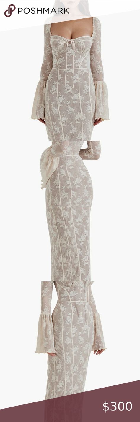 House of CB Delilah Dress Vintage Floral Long Sleeve Dress, Maxi Fairytale Dress, Long Dress Sheer Sleeves, Romantic Long Sleeve Maxi Dress, Luxury Fitted Long Sleeve Chiffon Dress, Evening Dresses With Sheer Sleeves, Fancy Dresses Long Sleeve Maxi, Flared Sleeve Formal Dress, Long Cream Dress Formal