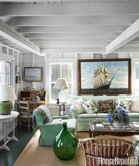 Inside a Classic Maine Cottage That's More Than 100 Years Old John Rosselli, Antique Needlepoint, Cottages By The Sea, Maine Cottage, Cottage Decorating, Needlepoint Pillow, Cottage By The Sea, Coastal Living Rooms, Seaside Cottage