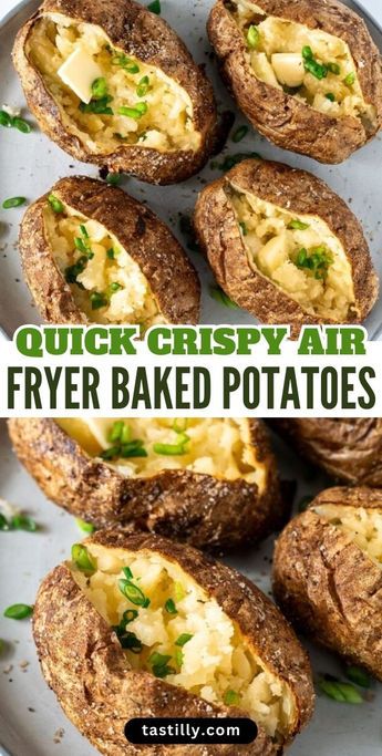 Baking potatoes in the oven takes about one hour. Simplify your cooking and save time by baking them in the air fryer. You will achieve a crispy outside skin with a soft, fluffy interior. With minimal ingredients like olive oil, salt, and pepper you can have perfectly baked potatoes in about 35-40 minutes! Potatoes In The Oven, Baking Potatoes, Food Substitutions Healthy, Air Fryer Recipes Snacks, Air Fryer Baked Potato, Air Fryer Recipes Vegetarian, Making Baked Potatoes, Air Fried Food, Air Fryer Oven Recipes