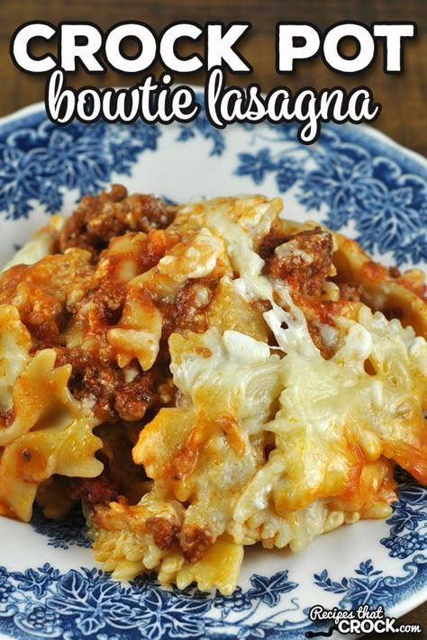 Making lasagna doesn't have to be hard with this Crock Pot Bowtie Lasagna recipe. It is a real crowd pleaser for its taste too! via @recipescrock Crockpot Bowtie Pasta Casserole, Crock Pot Bowtie Casserole, Crock Pot Family Favorites, Crockpot Lasagna With Bowtie Pasta, Crockpot Bowtie Casserole, Crockpot Bowtie Lasagna, Fast Crock Pot Recipes, Dinner Meals Crockpot, Crock Pot Lasagna Easy