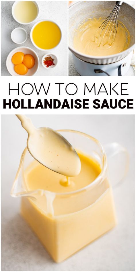 Homemade Eggs Benedict, Benedict Sauce Recipe, Breakfast Poutine Hollandaise Sauce, Homemade Hollandaise Sauce Easy, Holindaise Sauce Recipe Blender, How To Make Hollandaise Sauce, Eggs Benedict Hollandaise Sauce, Holindaise Sauce, Hollandaise Sauce Blender