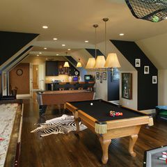 basement by Dewson Construction Company Attic Game Room, Bonus Room Design, Video Game Room Ideas, Basement Games, Bar Deco, Man Cave Design, Bonus Room Ideas, Game Room Basement, Attic Ideas