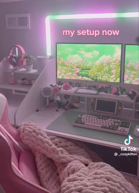 Pink Gaming Setup Room, Things You Need For Your Gaming Setup, Flower Gaming Setup, Gaming Setup Aesthetic Pink, Pink Work From Home Setup, Gaming Setup For Women, Pink And White Gaming Setup Aesthetic, Strawberry Gaming Setup, Green And Pink Gaming Setup