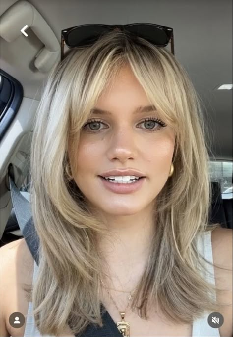 Medium Length Haircut With Curtain Bangs Blonde, Face Opening Haircuts, Long Layered Bob Curtain Bangs, Long Layers On Fine Hair, Layered Long Bob Curtain Bangs, Blonde Layered Hair, Blonde Hair With Bangs, Layered Haircuts For Medium Hair, 2023 Hair