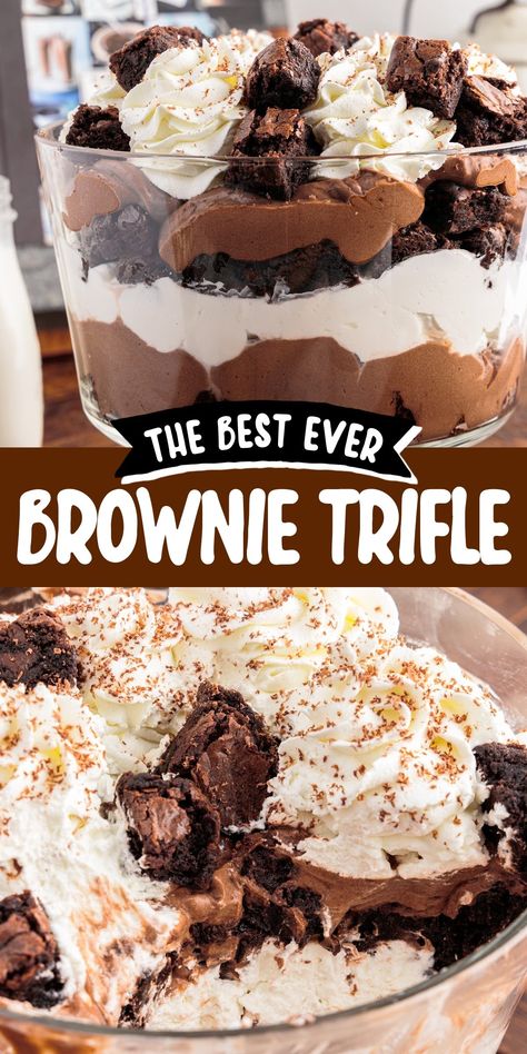 Trifle Desserts Brownie, Easy Chocolate Trifle Recipe, Brownie Salad, Summer Dessert Recipes Chocolate, Quick Easy Desserts For A Crowd, Chocolate Brownie Trifle, Brownie Trifle Recipe, Superbowl Ideas, Chocolate Oreo Cheesecake