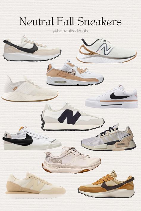 Tan sneakers collage with multiple tennis shoes on it. Tan Veja Sneakers Outfit, Professional Outfits Women Tennis Shoes, Neutral Color Tennis Shoes, Wearing Tennis Shoes To Work, Lifestyle Sneakers Women 2023, Womens Fall Sneakers Outfit, Beige Nike Shoes Outfit, Tennis Shoes Winter Outfit, Chic Tennis Shoes