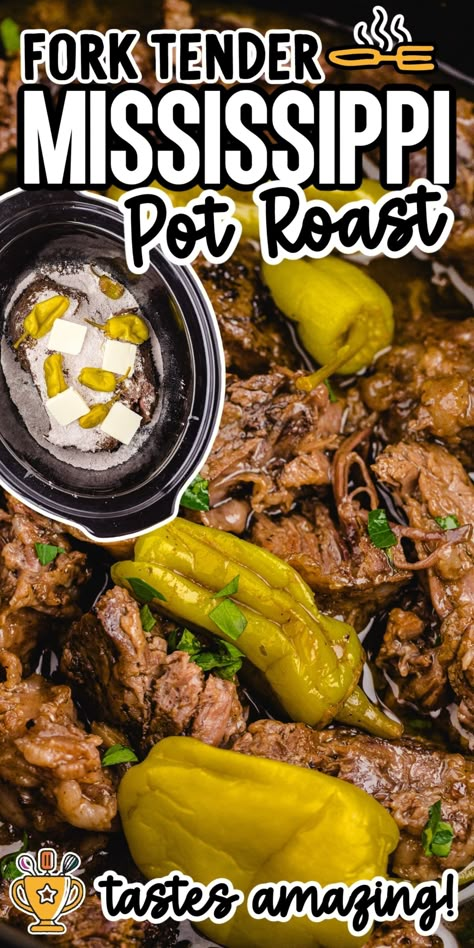 This Mississippi Pot Roast recipe is made with just a few simple ingredients and slow-cooked to perfection in the crockpot. Mississippi Roast Crock Pot, Mississippi Pot Roast Crockpot, Crockpot Pork Shoulder, Post Roast, Top Round Roast Recipe, Sirloin Roast Recipes, Mississippi Pot Roast Recipe, Pot Roast Gravy, Roast Beef Crock Pot Recipes