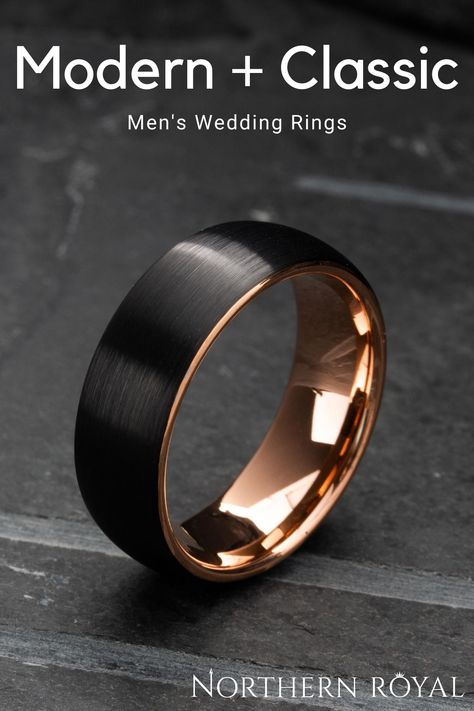 The perfect combination of a modern wedding ring and a classic ring. This mens wedding ring features a rose gold interior with a brushed textured top. He recently lost his wedding ring and would love this one. Makes the perfect Anniversary gift. #mensweddingrings #mensweddingbands Men's Wedding Rings, Modern Wedding Rings, Future Wedding Plans, Dream Engagement, Tungsten Wedding Bands, Dream Engagement Rings, Put A Ring On It, Mens Wedding Rings, Mens Wedding Bands