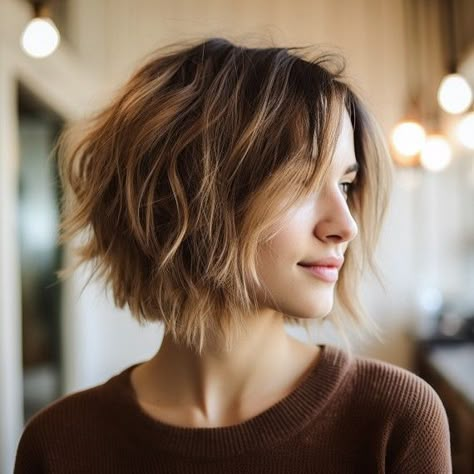 Short Choppy Bob For Thick Hair Texture, Thick Short Bob Hairstyles, Chin Length Hair With Fringe, Bob Haircut With Layers Short, Chin Length Bob For Thinning Hair, Shaggy Bob Chin Length, Piecy Bob Haircut Short Hairstyles, Angled Short Hair, Shaggy Bob Hairstyles Medium Length