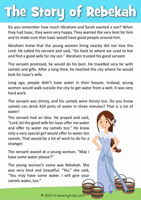 Check out this pin for all the details you need to teach your 5-10 year old kids about the Rebekah Bible story! With worksheets, study guide, Bible story, games, crafts, coloring pages, and more, your kids will love learning about this amazing woman from the Bible. Rebekah Bible Woman, Bible Reading For Kids, Isaac And Rebecca Bible Story, Bible Stories For Kids Sunday School, Bible Story Games, Bible Stories To Read, Rebekah Bible, Children Bible Stories, Kids Bible Stories