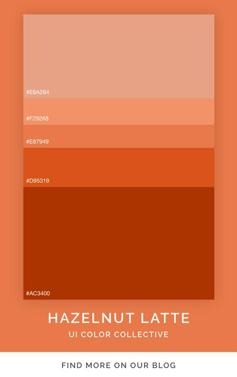 Brown and earthy color palette themed after a hazelnut coffee. Use these colors to inspire your next interior design or painting project. Orange To Brown Color Palette, Hazelnut Color Palette, Brown Orange Color Palette, Orange Brown Color Palette, Bakery Color Palette, Latte Color Palette, Coffee Color Palette, Color Palette Orange, Orange Color Code