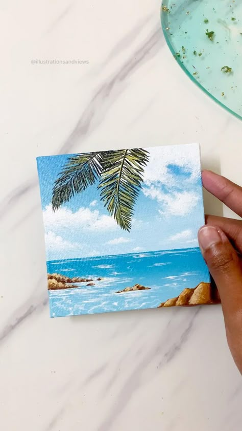 Beach Small Canvas Painting, Natural Canvas Painting, Creative Paintings Easy, Canvas Painting With Watercolors, Beach Mini Canvas Painting, Small Art Painting Ideas, Mini Paintings On Paper, Mini Canvas Art Painting, Painted Mini Canvas